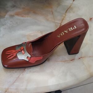 Prada Women's Rust Patent Leather Block Heel Mules